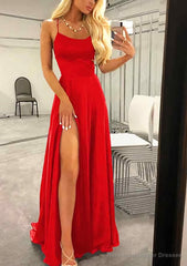 A-line Bateau Spaghetti Straps Sweep Train Charmeuse Prom Dresses With Split