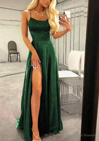 A-line Bateau Spaghetti Straps Sweep Train Charmeuse Prom Dresses With Split