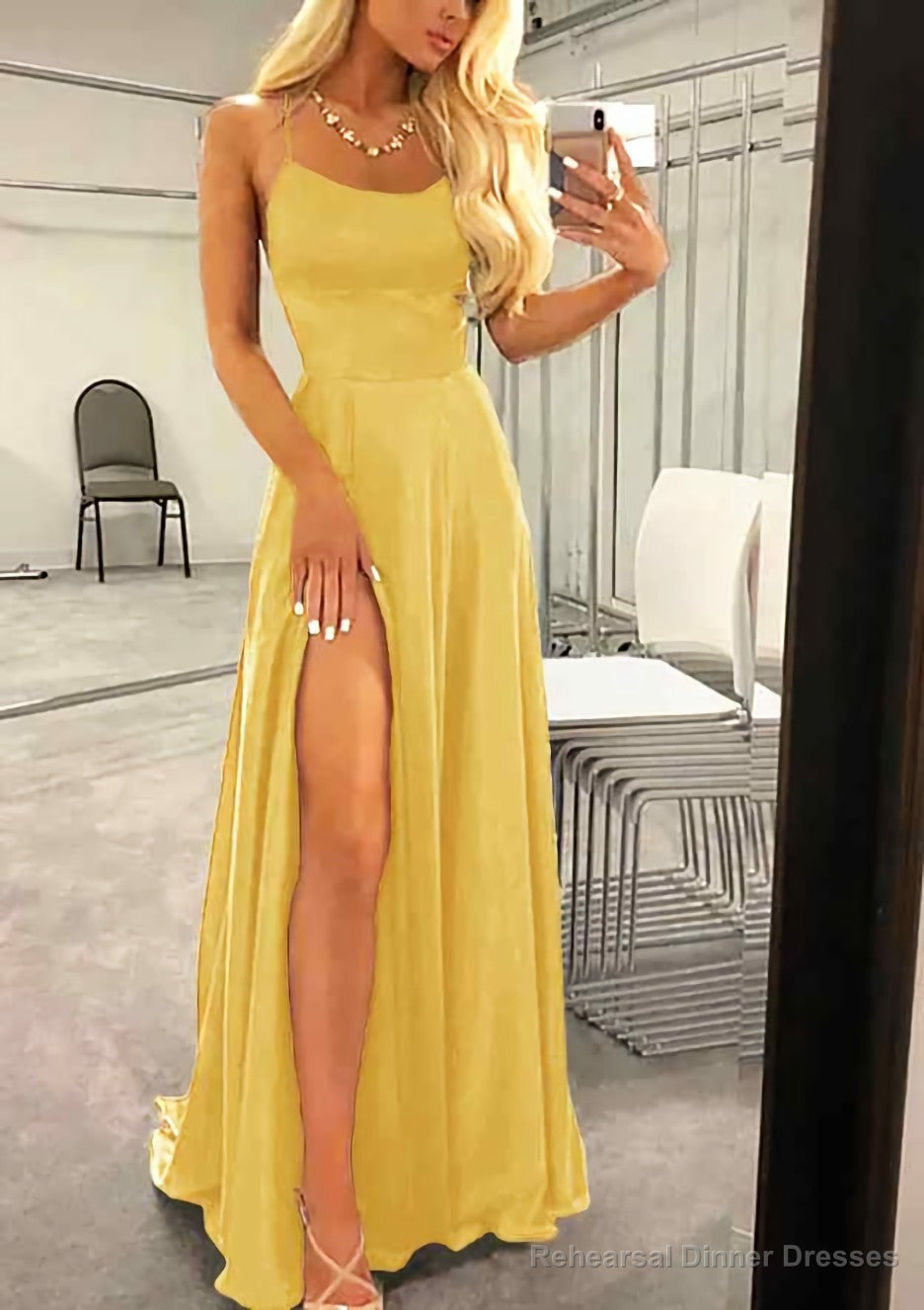 A-line Bateau Spaghetti Straps Sweep Train Charmeuse Prom Dresses With Split