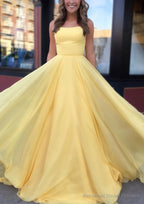 A-line Bateau Spaghetti Straps Sweep Train Chiffon Prom Dresses