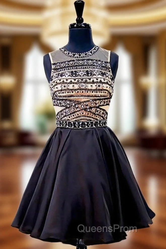 A-line Beaded Crystals Backless Black Short Homecoming Dress