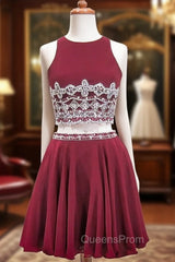 A-line Beaded Crystals Burgundy Chiffon Two Piece Homecoming Dress