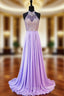 A-line Beaded Crystals Floor Length Backless Lilac Chiffon Evening Prom Dress