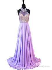 A-line Beaded Crystals Floor Length Backless Lilac Chiffon Prom Dress