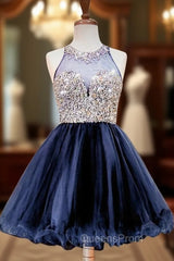 A-line Beaded Crystals Navy Blue Party Homecoming Dress