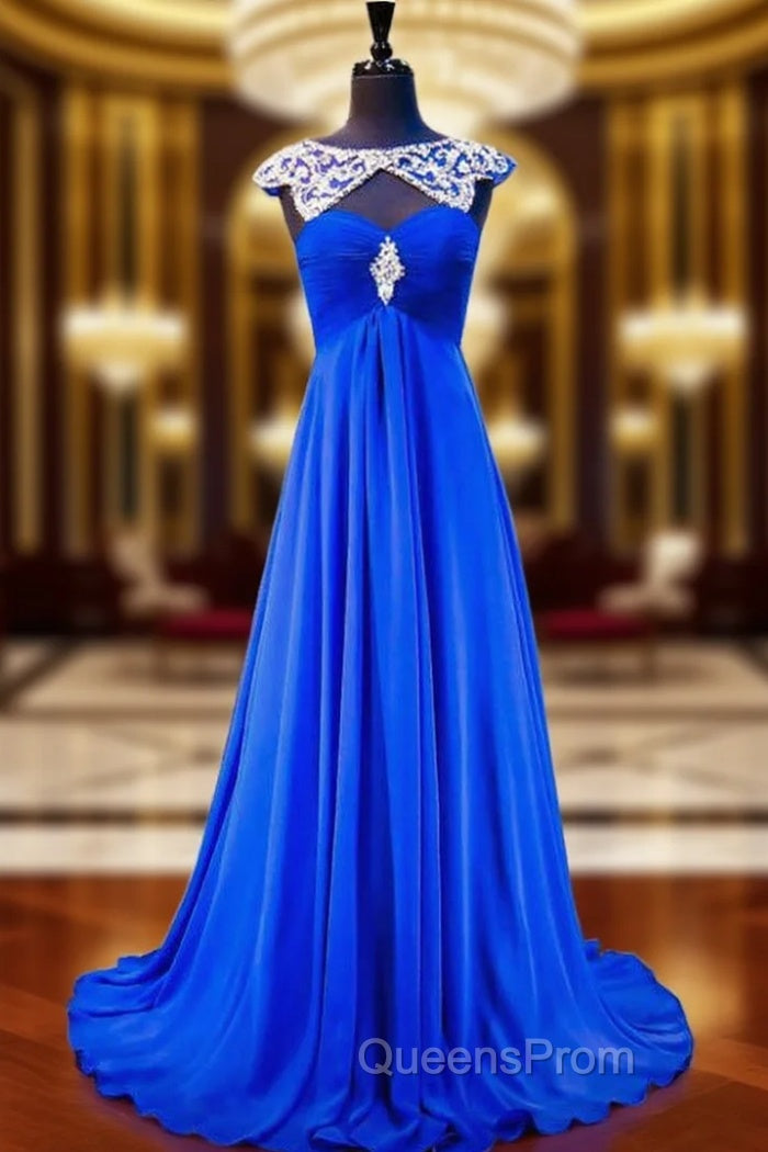 A-line Beaded Crystals Royal Blue Backless Chiffon Evening Prom Dress