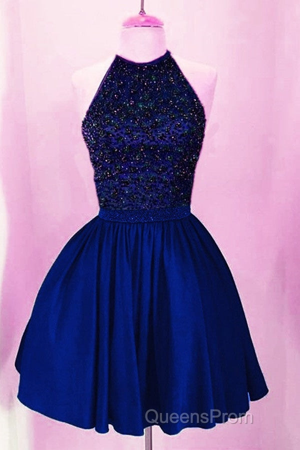 A-Line Beaded Halter Keyhole Back Satin Homecoming Dress Short Secondary image