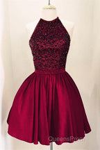 A-Line Beaded Halter Keyhole Back Satin Homecoming Dress Short