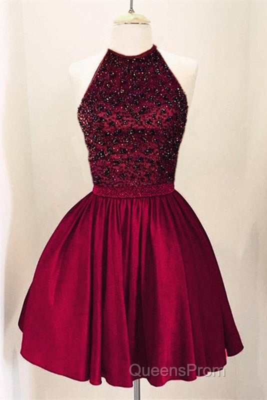 A-Line Beaded Halter Keyhole Back Satin Homecoming Dress Short