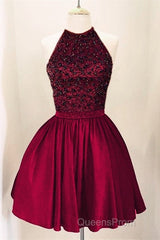 A-Line Beaded Halter Keyhole Back Satin Homecoming Dress Short