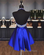 A-line Beaded Halter Satin Evening Prom Dress Short Open Back Homecoming Dress