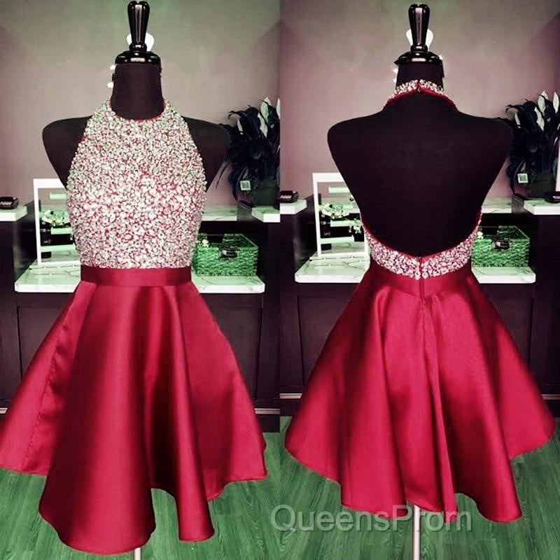 A-line Beaded Halter Satin Evening Prom Dress Short Open Back Homecoming Dress