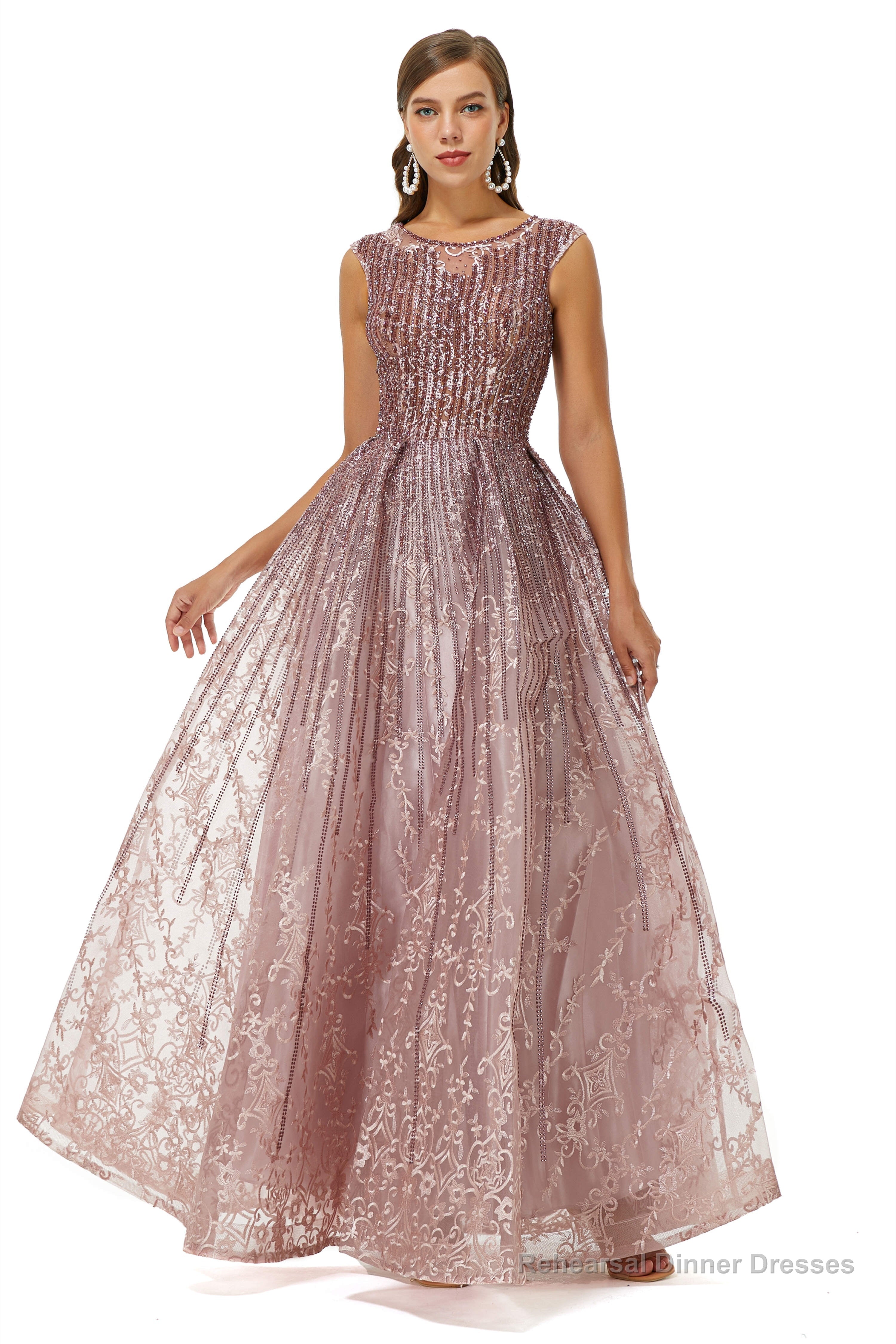 A-Line Beaded Jewel Appliques Lace Floor-Length Cap Sleeve Prom Dresses Main image