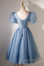 A-Line Beaded Short Evening Prom Dress, Cute Short Sleeve Homecoming Party Dress