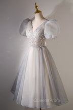 A-Line Beaded Short Evening Prom Dress, Cute Short Sleeve Homecoming Party Dress