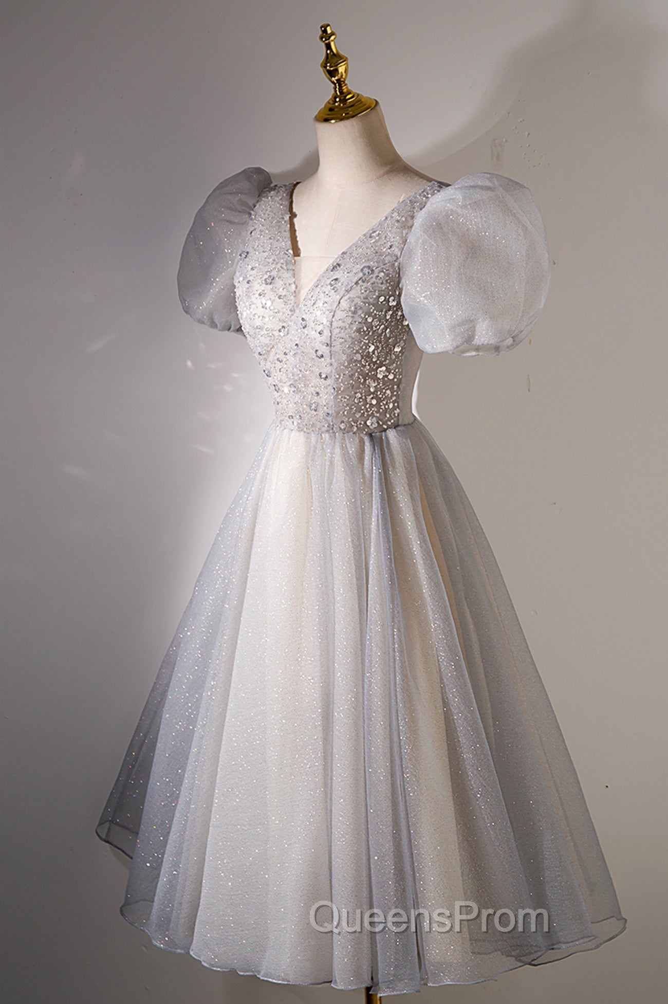 A-Line Beaded Short Evening Prom Dress, Cute Short Sleeve Homecoming Party Dress