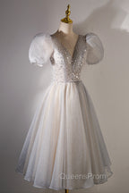 A-Line Beaded Short Evening Prom Dress, Cute Short Sleeve Homecoming Party Dress