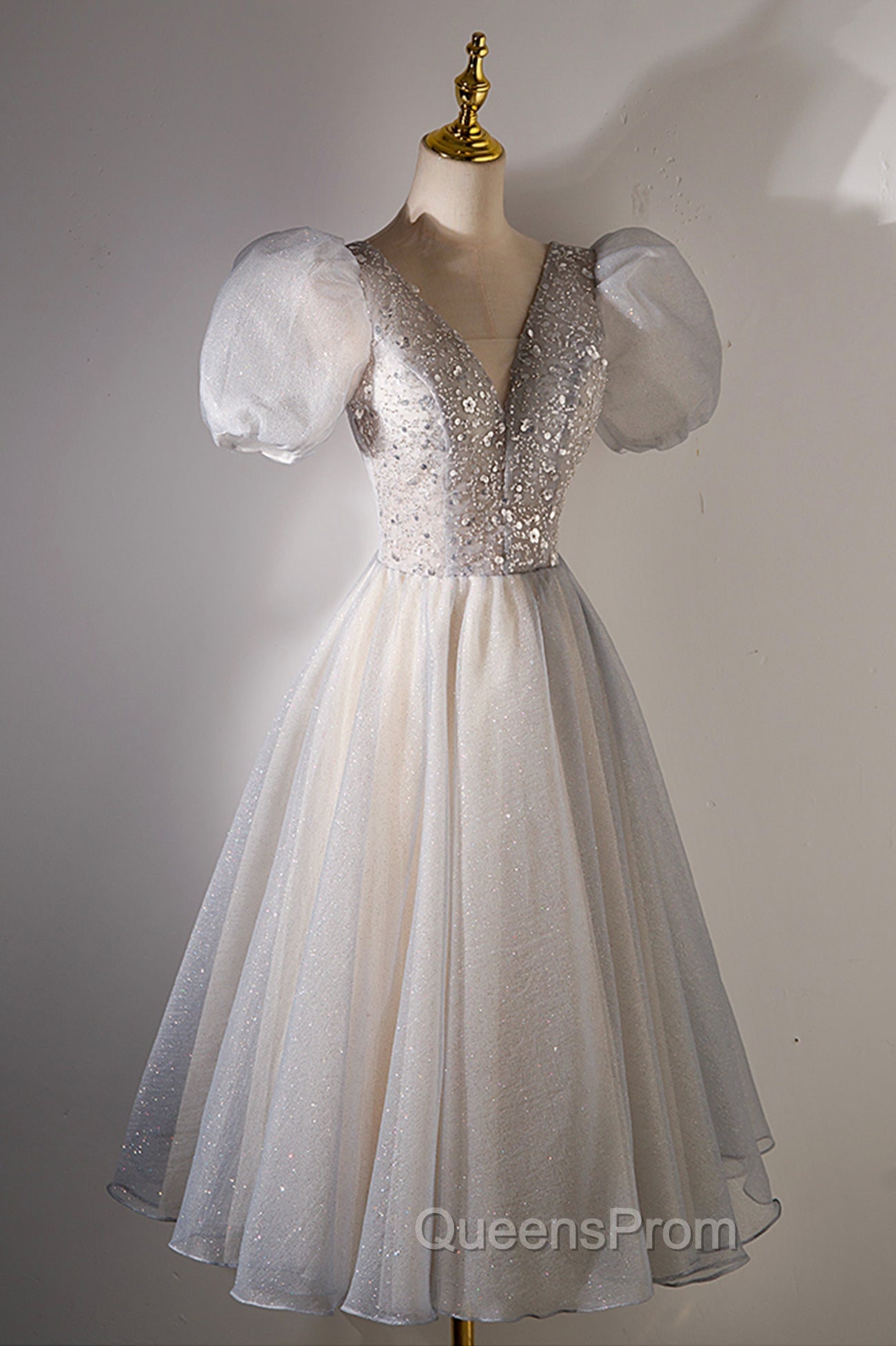A-Line Beaded Short Evening Prom Dress, Cute Short Sleeve Homecoming Party Dress
