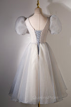 A-Line Beaded Short Evening Prom Dress, Cute Short Sleeve Homecoming Party Dress