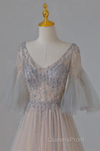 A-Line Beaded V-Neckline Tulle Formal Dress, Puffy Sleeves Long Evening Prom Dress