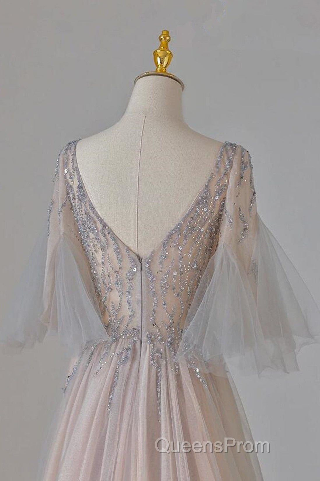 A-Line Beaded V-Neckline Tulle Formal Dress, Puffy Sleeves Long Evening Prom Dress