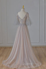 A-Line Beaded V-Neckline Tulle Formal Dress, Puffy Sleeves Long Evening Prom Dress