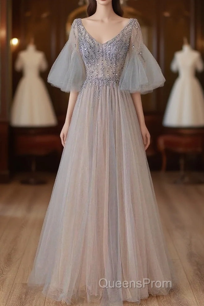 A-Line Beaded V-Neckline Tulle Formal Dress, Puffy Sleeves Long Evening Prom Dress