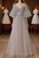 A-Line Beaded V-Neckline Tulle Formal Dress, Puffy Sleeves Long Evening Prom Dress
