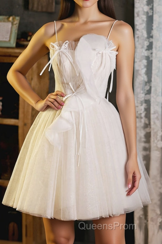 A-Line Beige Tulle Short Evening Prom Dress, Beige Cute Homecoming Dress Main image