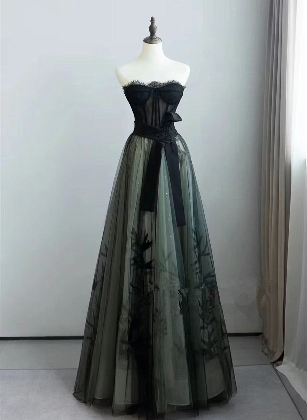 A-Line Black And Green Tulle With Lace Long Classy Prom Dress, Tulle Party Dress