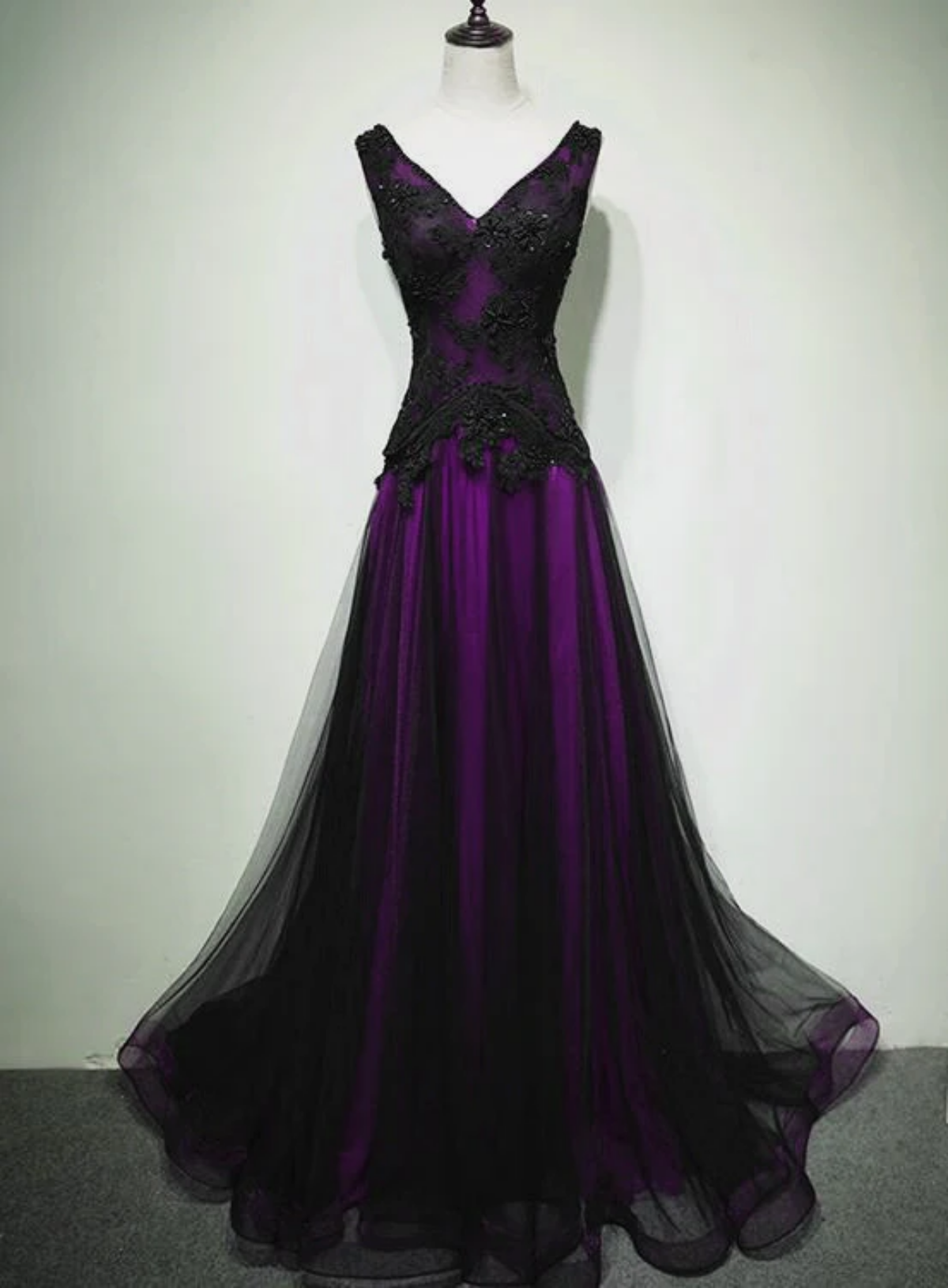 A-Line Black And Purple Tulle V-Neckline Beaded Classy Prom Dress, Black Tulle Classy Dress Main image