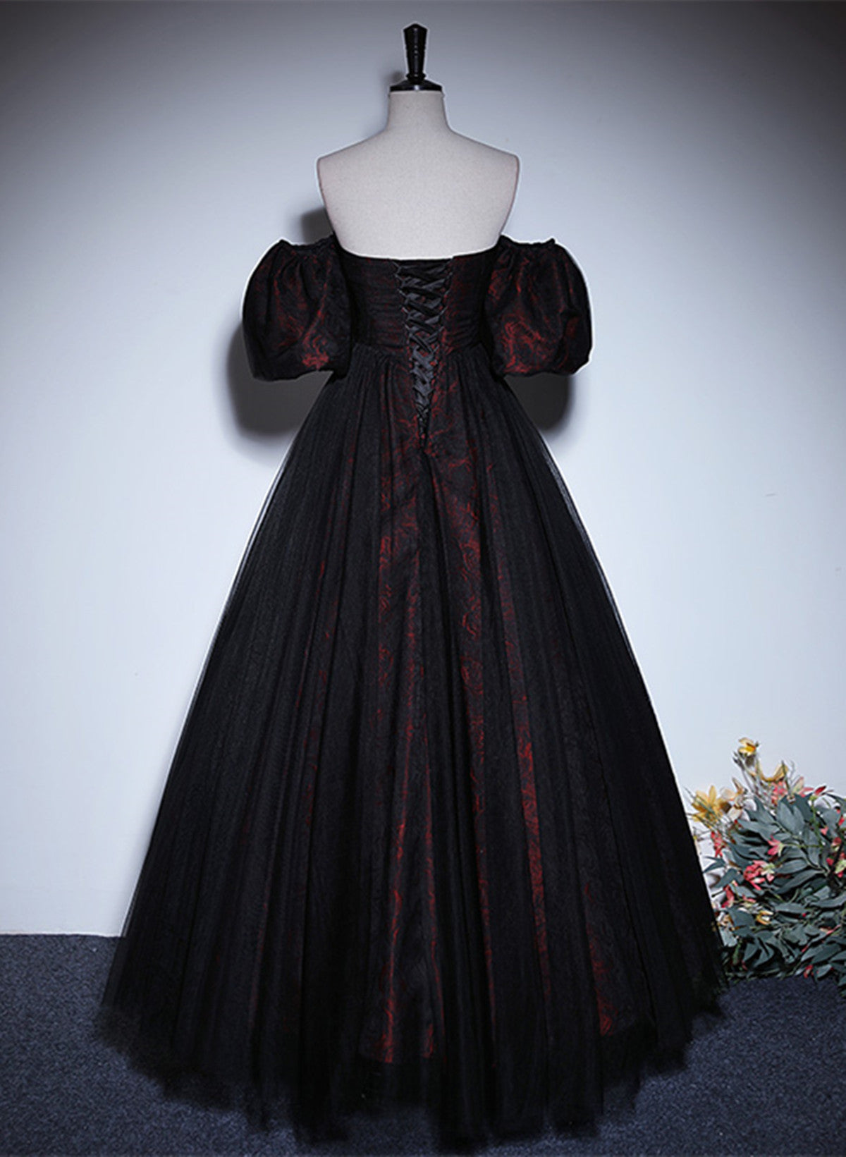 A-Line Black And Red Lace Sweetheart Classy Evening Dress, Black And Red Classy Prom Dress