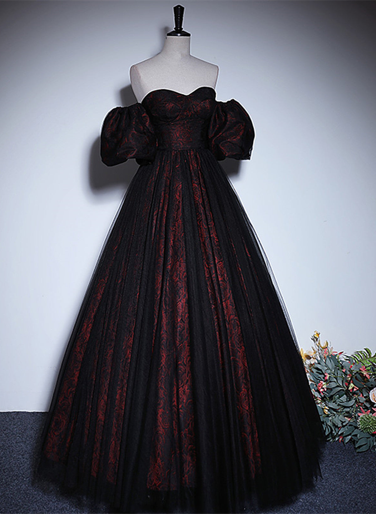 A-Line Black And Red Lace Sweetheart Classy Evening Dress, Black And Red Classy Prom Dress