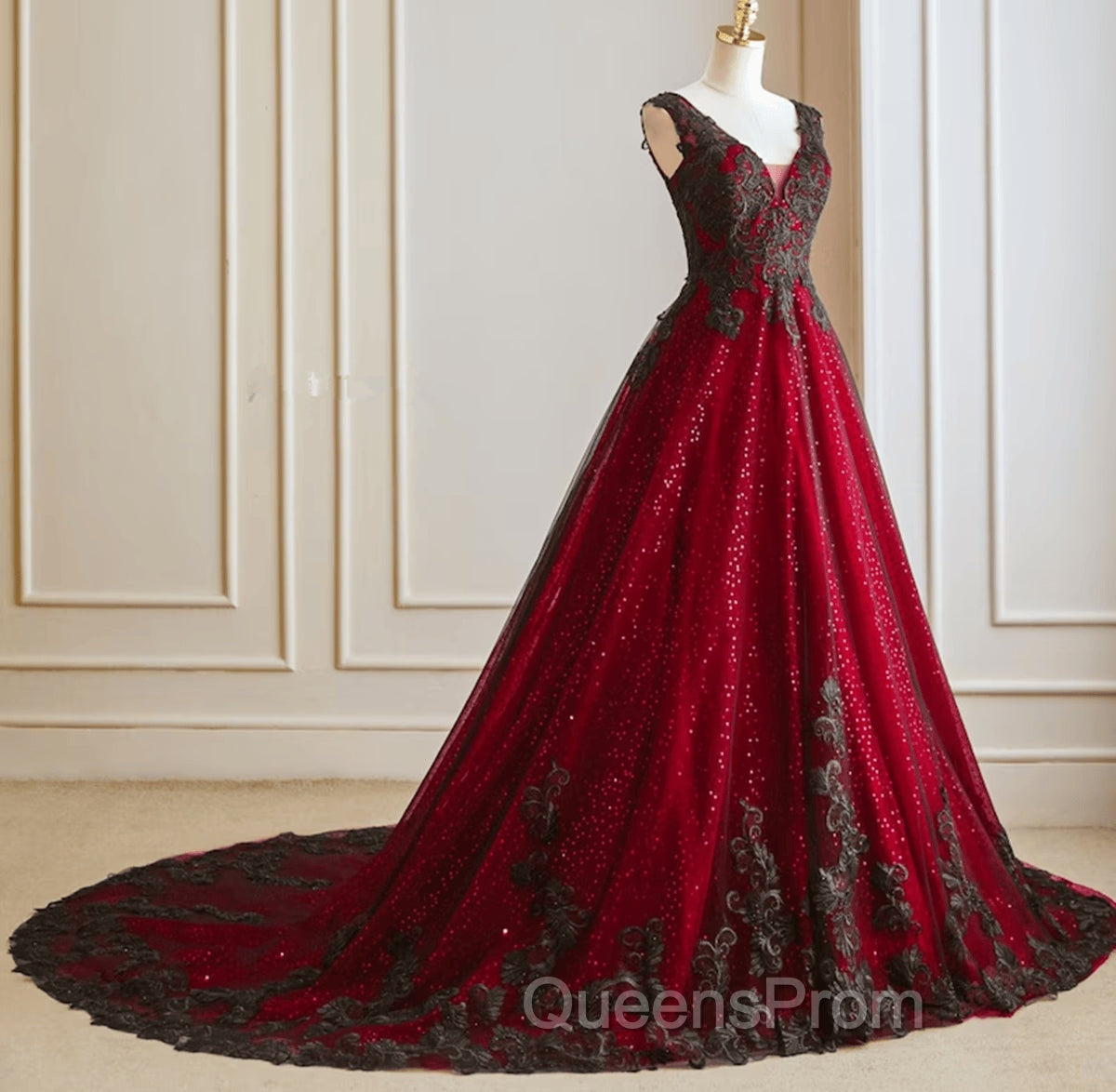 A-line Black and Red Tulle with Lace Party Dress, Black and Red Evening Dress