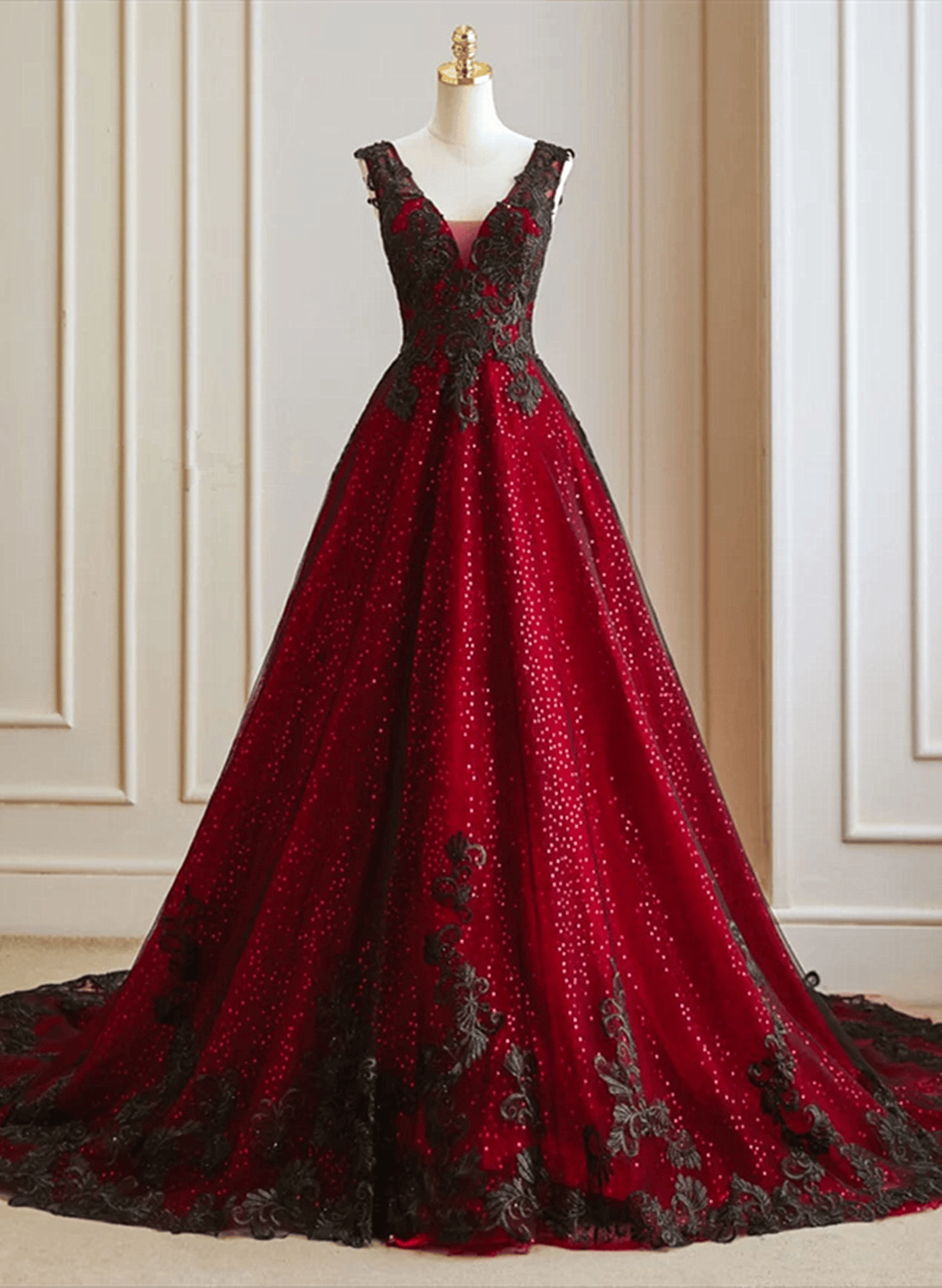 A-Line Black And Red Tulle With Lace Party Dress, Black And Red Classy Dress Main image