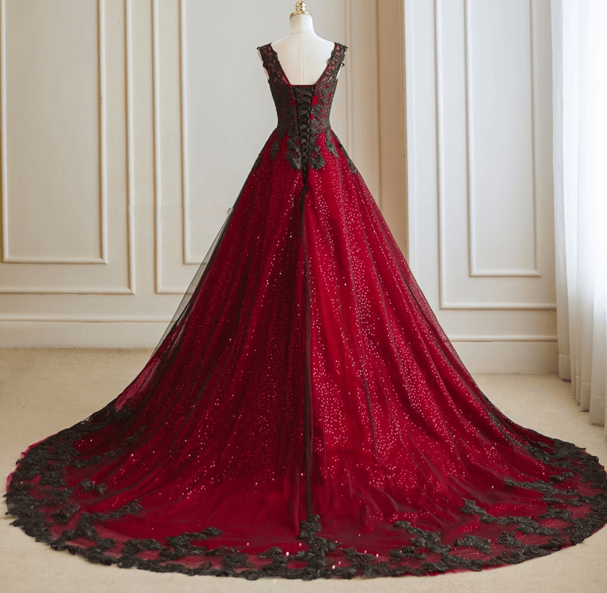 A-Line Black And Red Tulle With Lace Party Dress, Black And Red Classy Dress