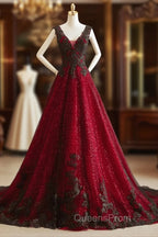 A-line Black and Red Tulle with Lace Party Dress, Black and Red Evening Dress