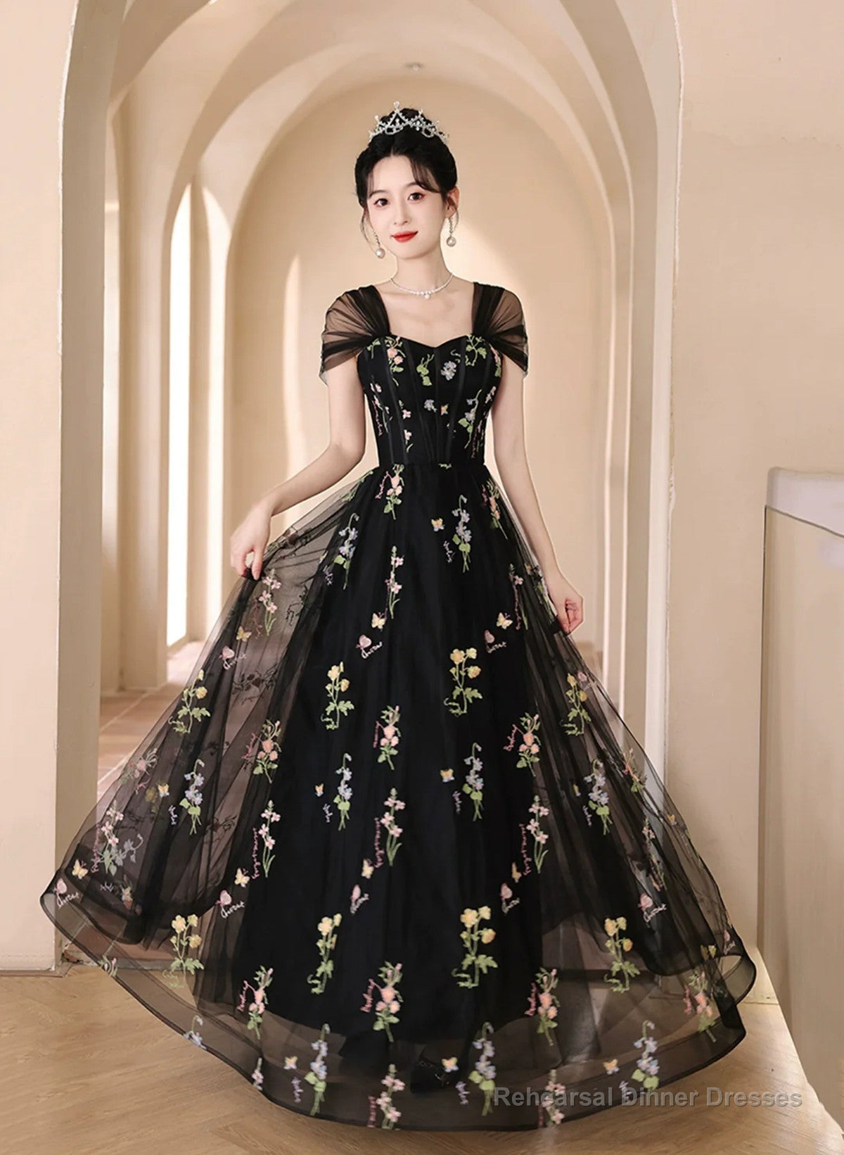 A-line Black Floral Tulle Floor Length Prom Dress, Off the Shoulder Evening Party Dress Secondary image