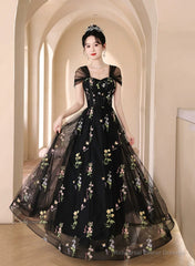 A-line Black Floral Tulle Floor Length Prom Dress, Off the Shoulder Evening Party Dress