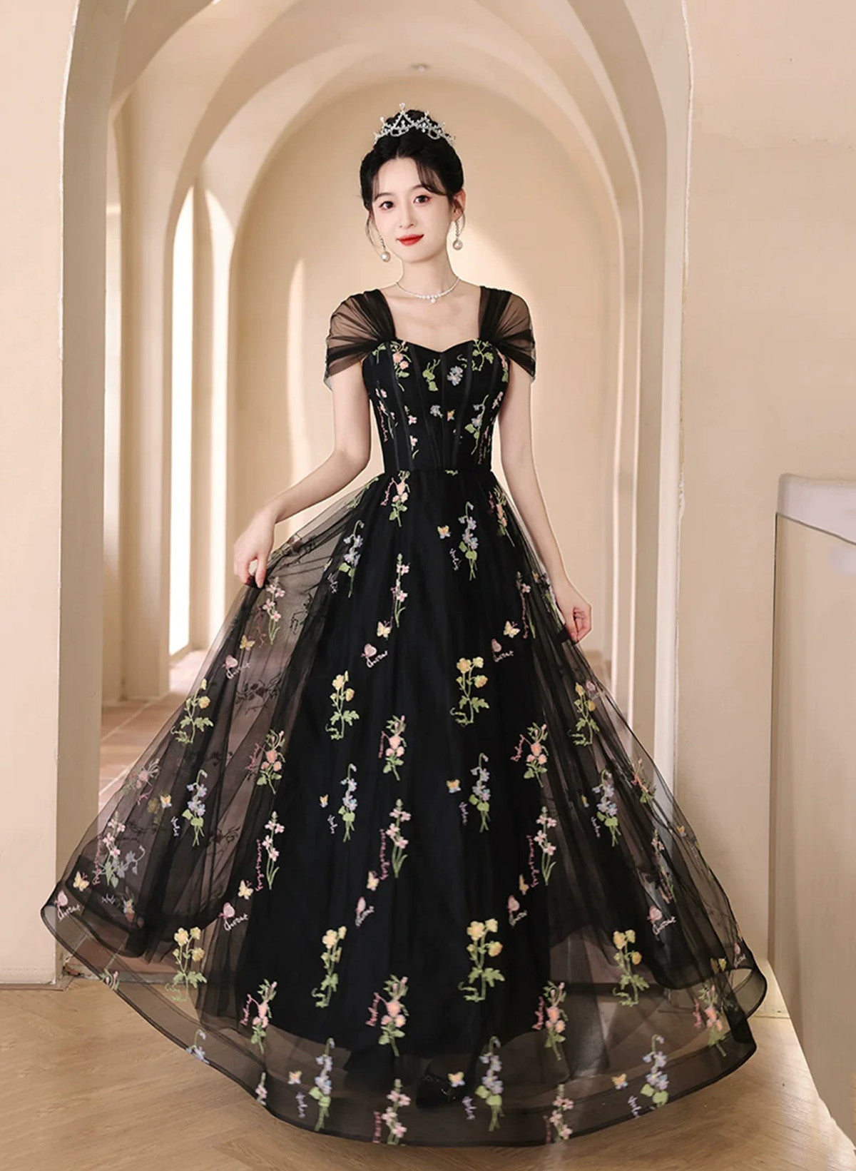 A-Line Black Floral Tulle Floor Length Classy Prom Dress, Off The Shoulder Classy Evening Party Dress Secondary image