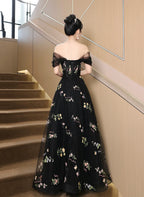 A-Line Black Floral Tulle Floor Length Classy Prom Dress, Off The Shoulder Classy Evening Party Dress
