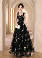 A-Line Black Floral Tulle Floor Length Classy Prom Dress, Off The Shoulder Classy Evening Party Dress
