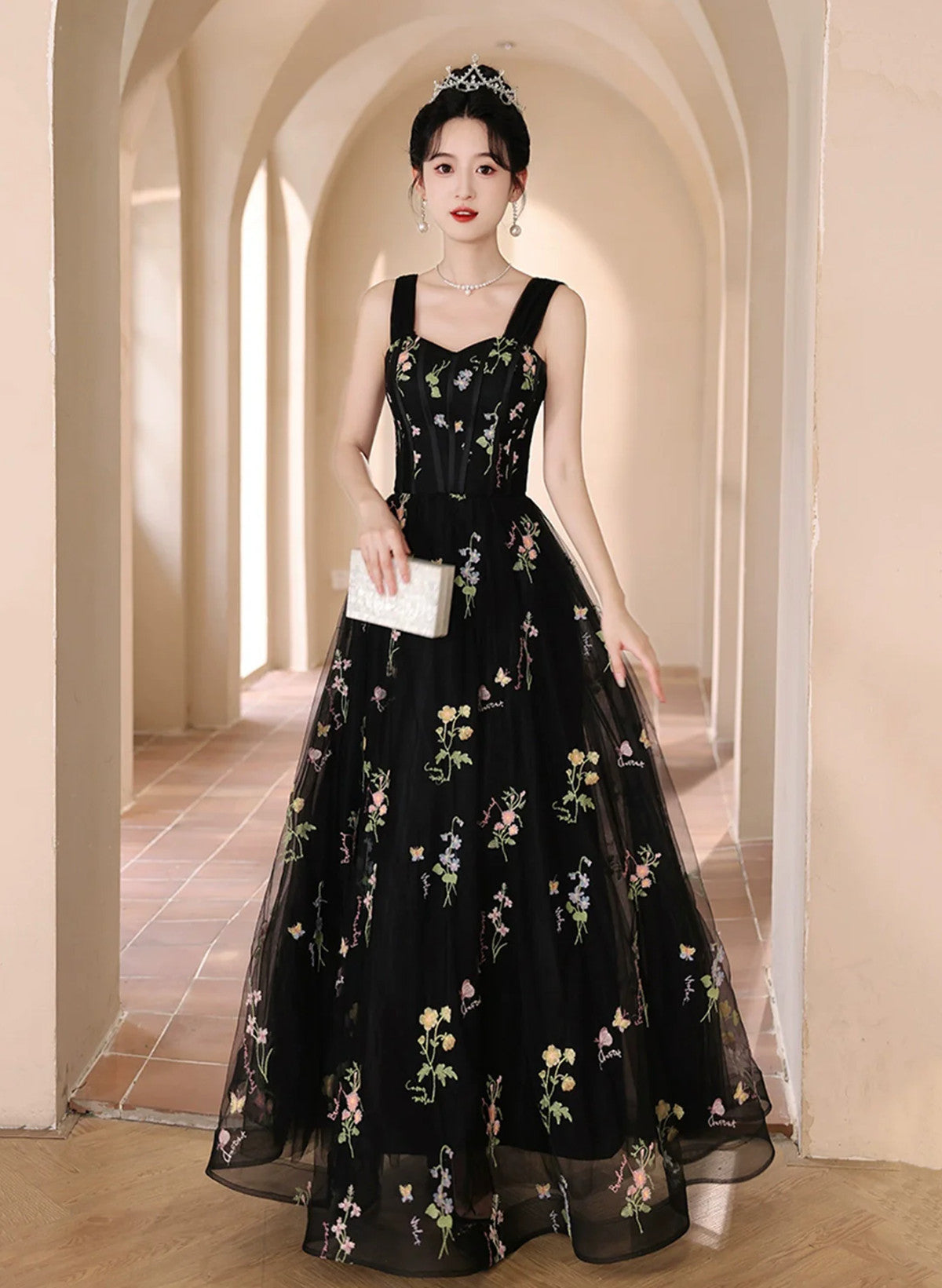 A-Line Black Floral Tulle Floor Length Classy Prom Dress, Off The Shoulder Classy Evening Party Dress