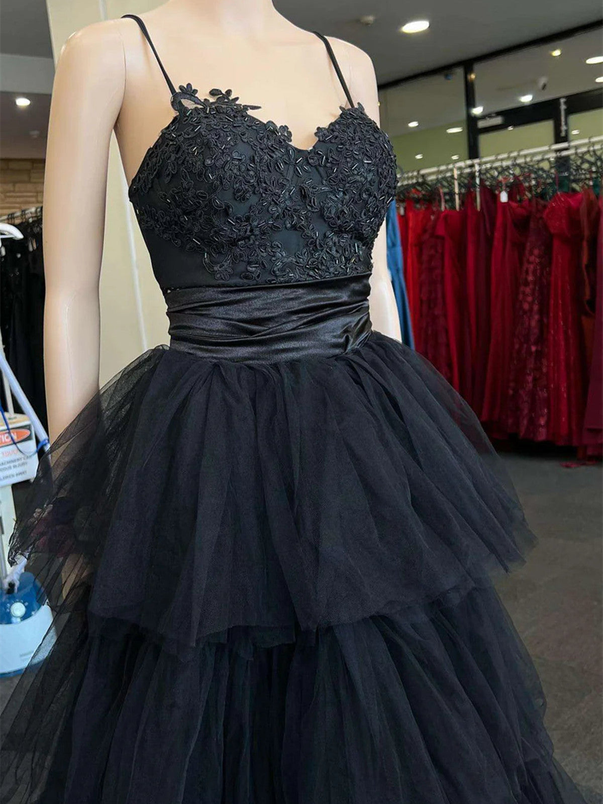 A-Line Black Layers Tulle With Lace Straps Party Dress, Black Tulle Classy Prom Dress Secondary image