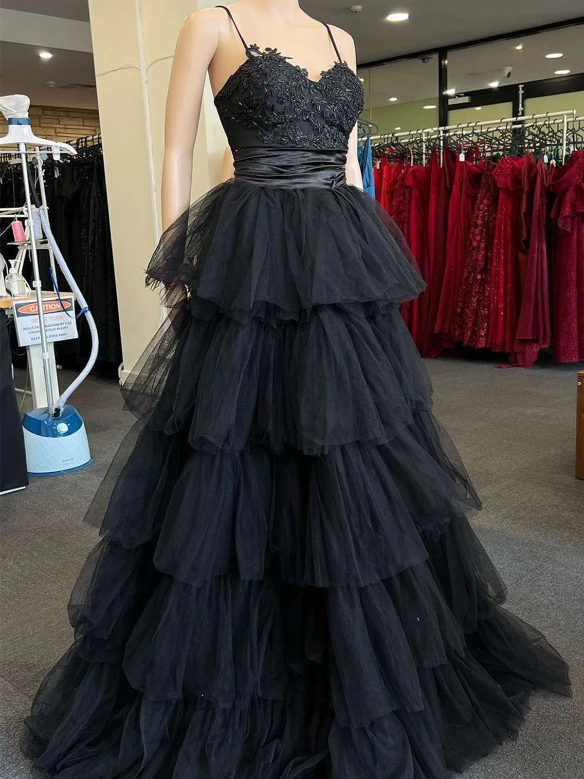 A-Line Black Layers Tulle With Lace Straps Party Dress, Black Tulle Classy Prom Dress Main image
