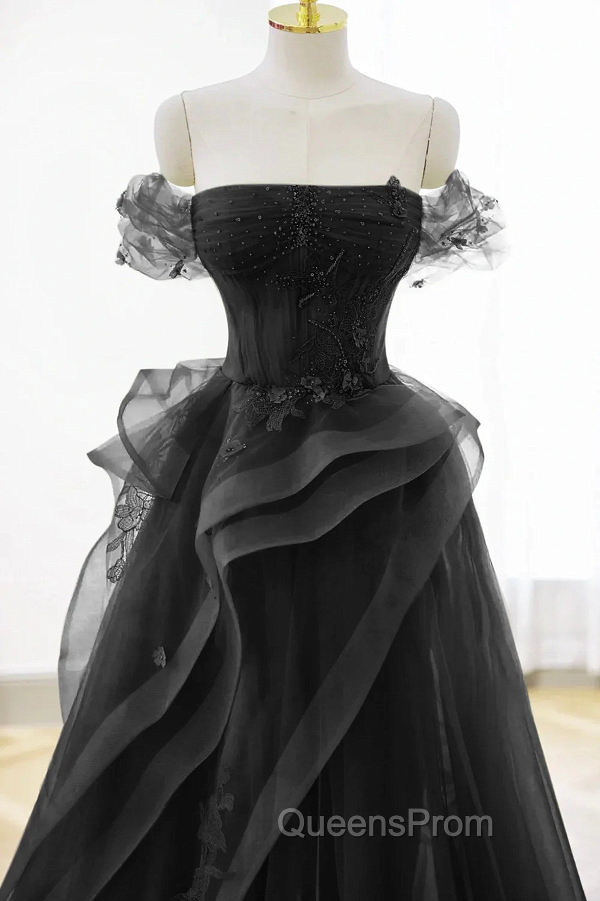 A-Line Black Off Shoulder Tulle With Lace Party Dress, Black Tulle Evening Prom Dress Secondary image