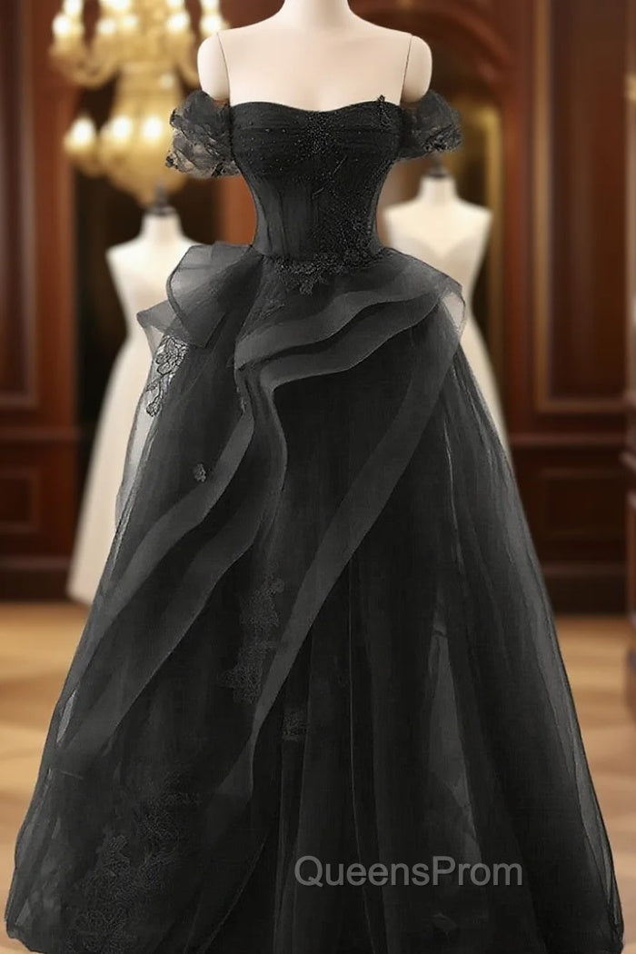 A-Line Black Off Shoulder Tulle With Lace Party Dress, Black Tulle Evening Prom Dress Main image