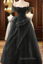 A-Line Black Off Shoulder Tulle With Lace Party Dress, Black Tulle Evening Prom Dress