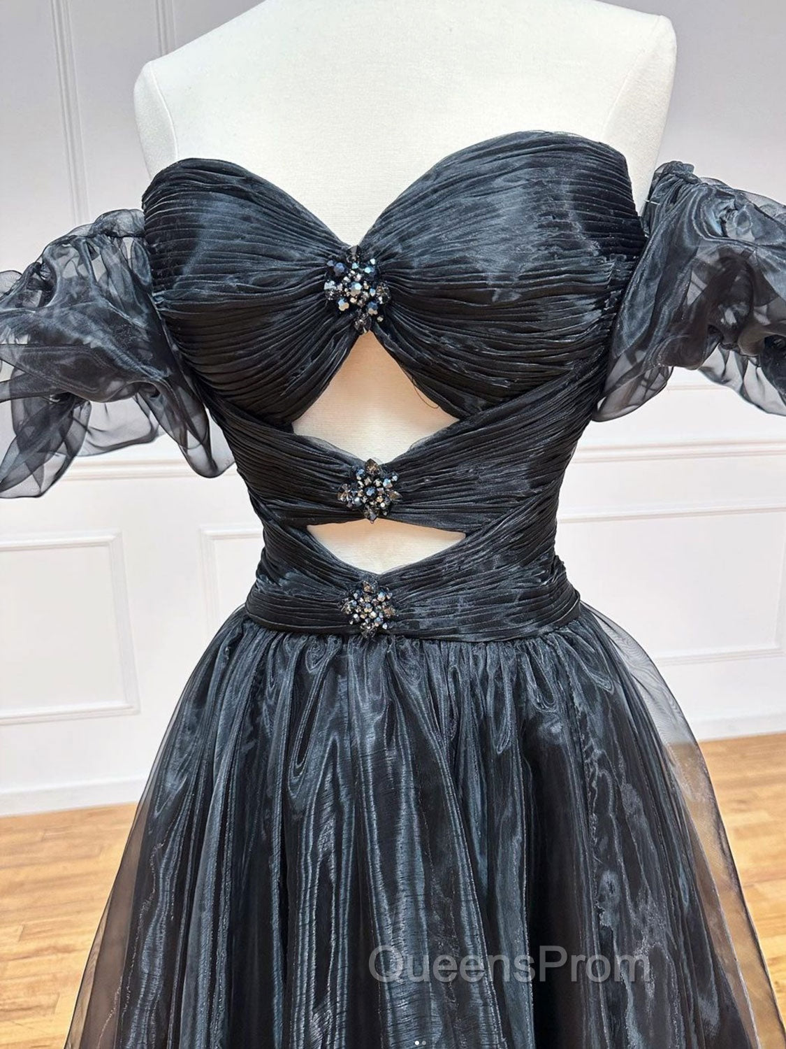 A-Line Black Organza Long Evening Prom Dress