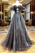 A-Line Black Organza Long Evening Prom Dress